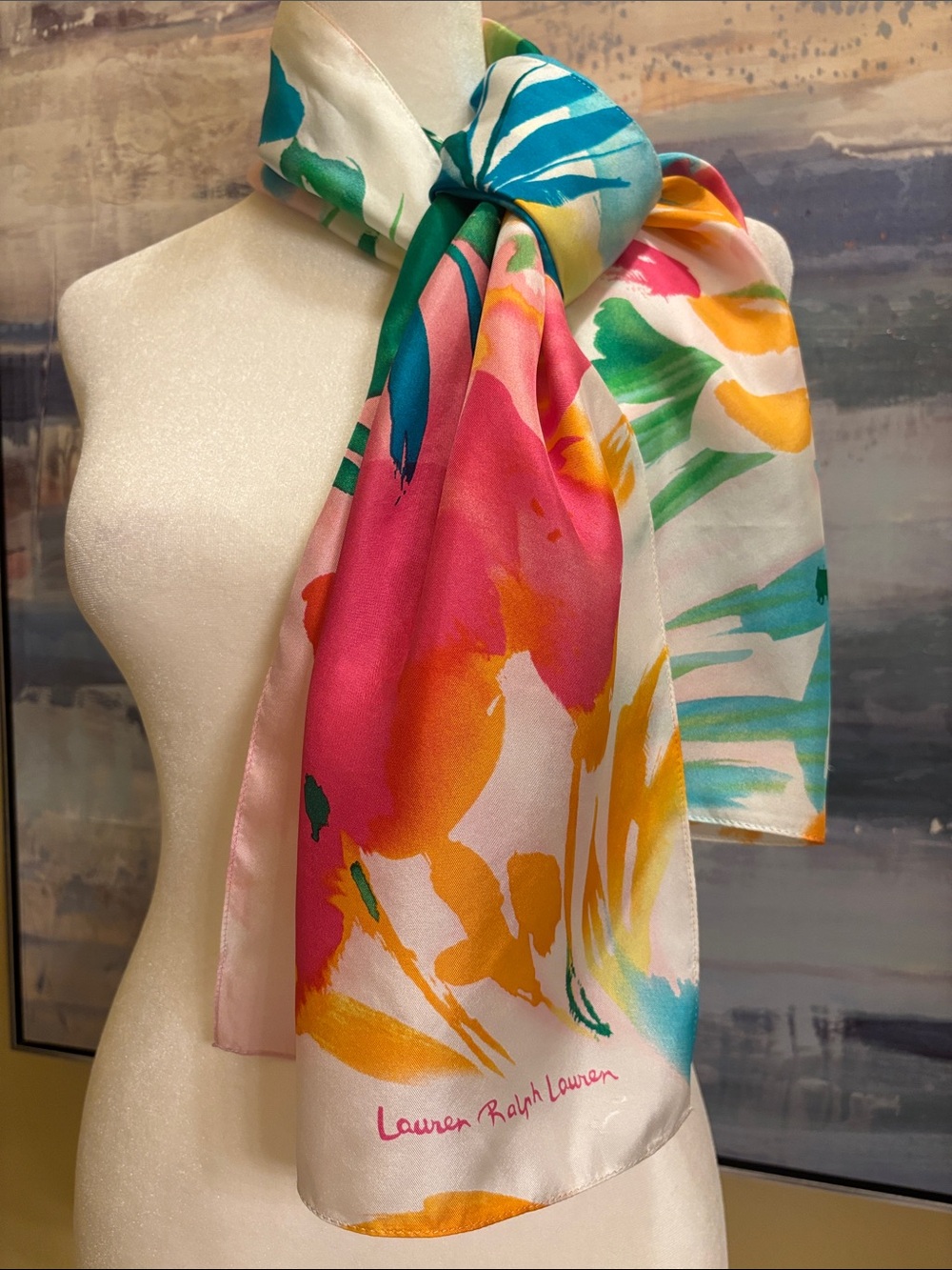 Lauren Ralph Lauren Pink, Yellow, Green and Blue Floral Satin Scarf